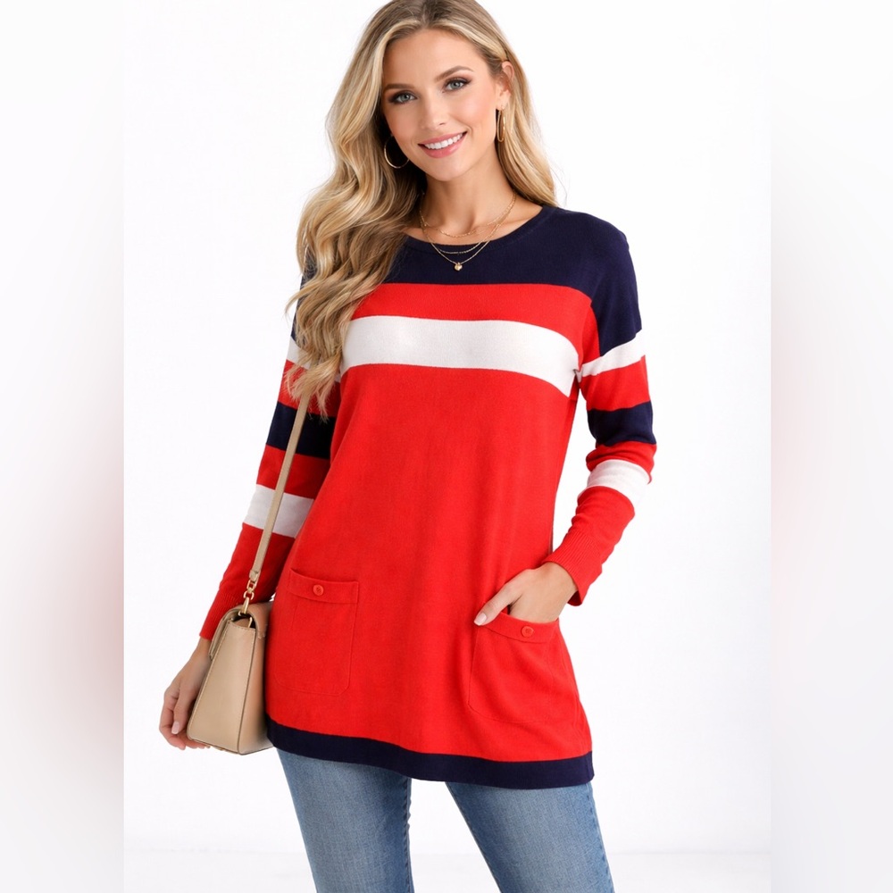 Nautical Tunic Sweater Women Large Red Navy‎ White Striped Pockets Coastal ORLY